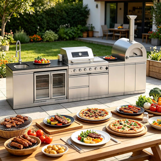 Blazon 150-Inch 4-Burner 108K BTU Outdoor Kitchen Island With Pizza Oven, Rotisserie & Refrigerator (SAK36412)