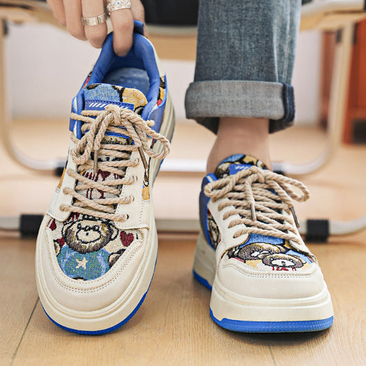 Bear Patch Low-Cut Harajuku Sneakers – Color Block Thick Sole