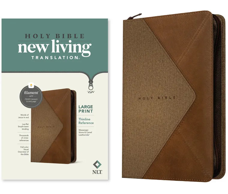 NLT Large Print Thinline Reference Zipper Bible, Filament Enabled (Leatherlike, Messenger Stone & Camel, Red Letter) - Imitation Leather