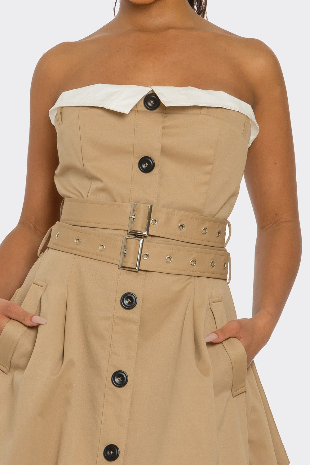 Strapless Belted Trench Maxi Dress