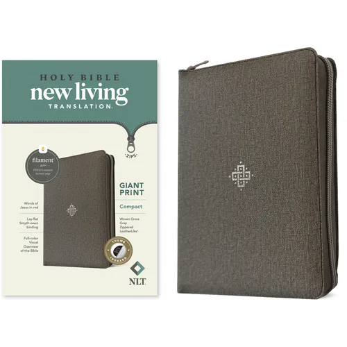 NLT Compact Giant Print Zipper Bible, Filament Enabled (Leatherlike, Woven Cross Gray, Indexed, Red Letter) - Imitation Leather