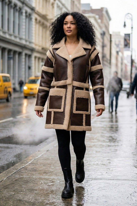 Brown Faux Leather Shearling Trim Coat