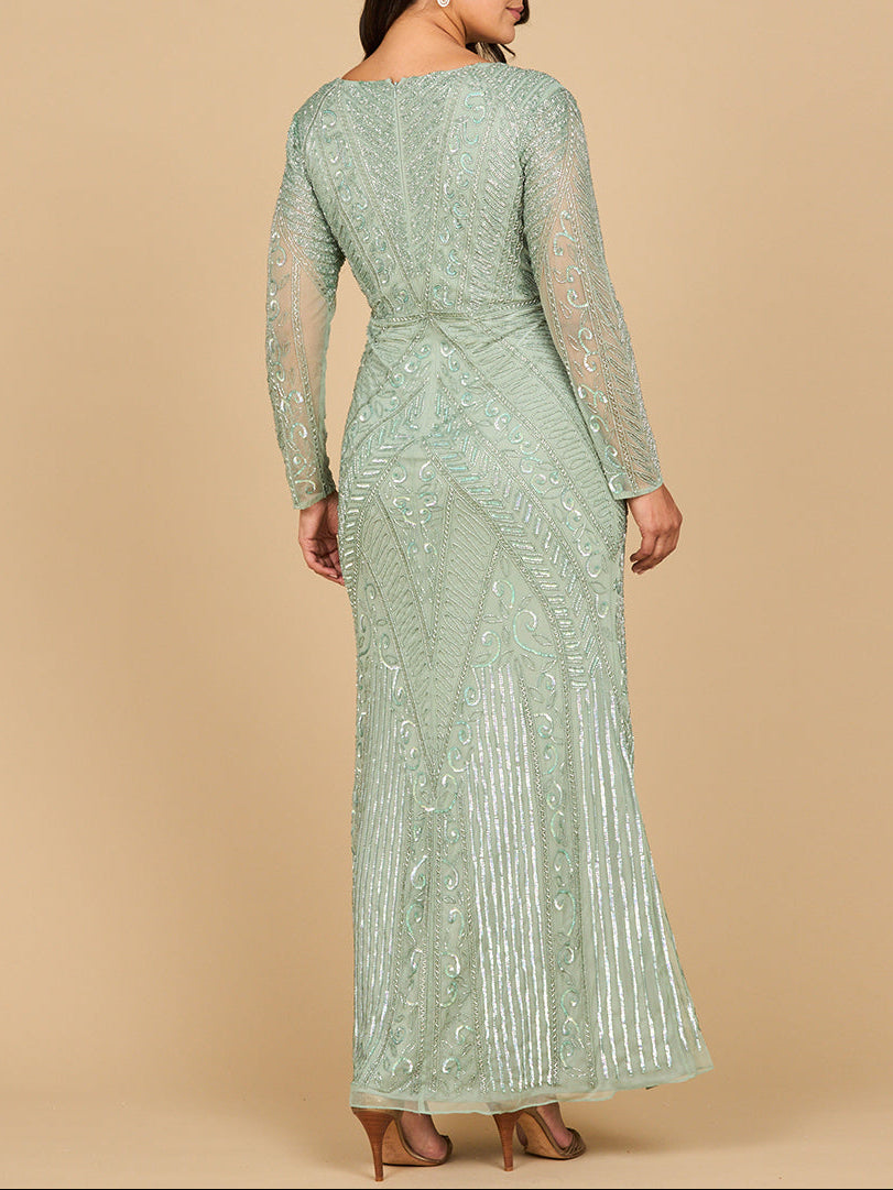 Lara 28875- Long Sleeve Geometric Beaded Gown