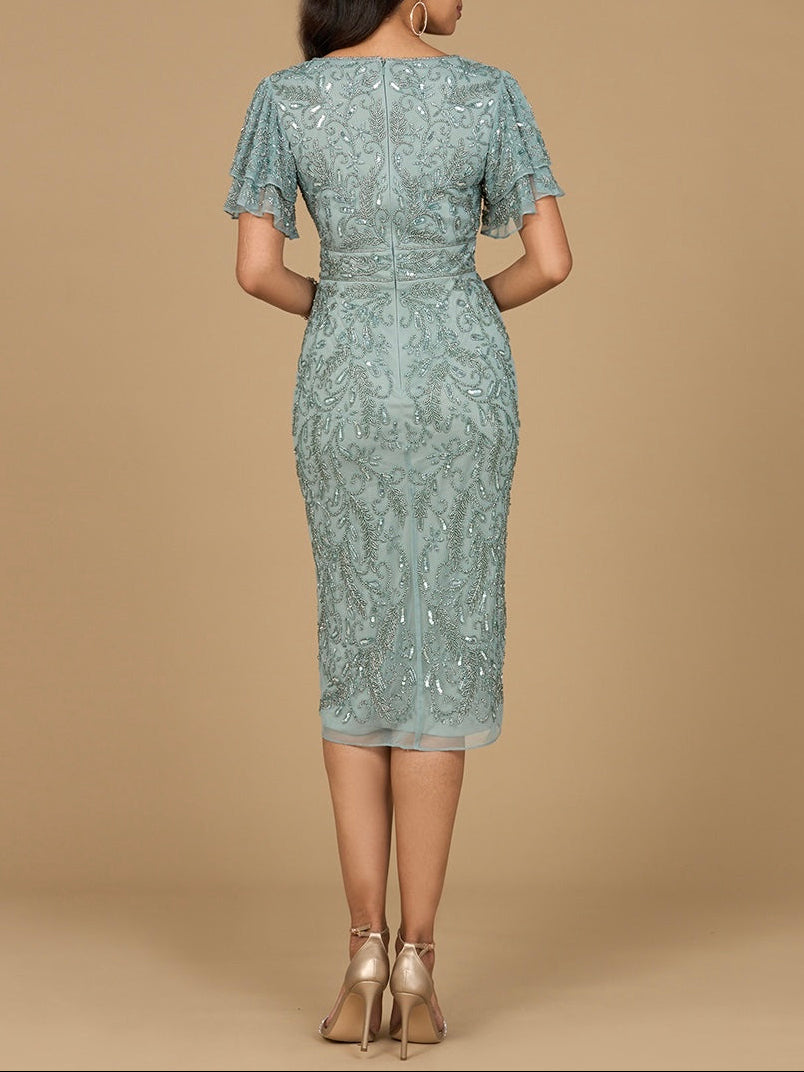 Beaded Midi Dress with Cape Sleeves