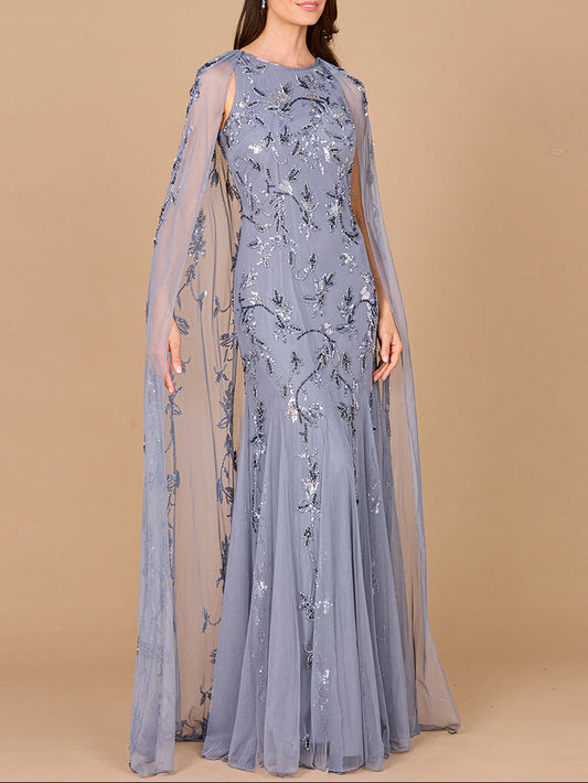Mermaid Beaded Dress with Long Cape - OUTLET