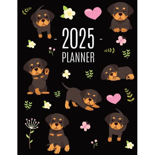 Rottweiler Planner 2025: Organizer: January-December (12 Months) Cute Dog Year Scheduler with Pretty Pink Hearts - Paperback