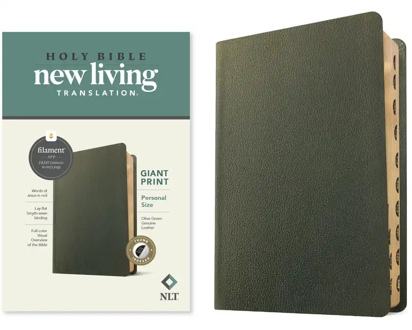 NLT Personal Size Giant Print Bible, Filament Enabled (Genuine Leather, Olive Green, Indexed, Red Letter) - Leather