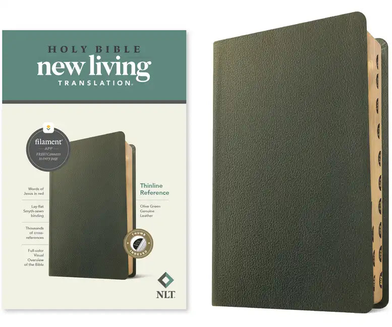 NLT Thinline Reference Bible, Filament Enabled (Genuine Leather, Olive Green, Indexed, Red Letter) - Leather