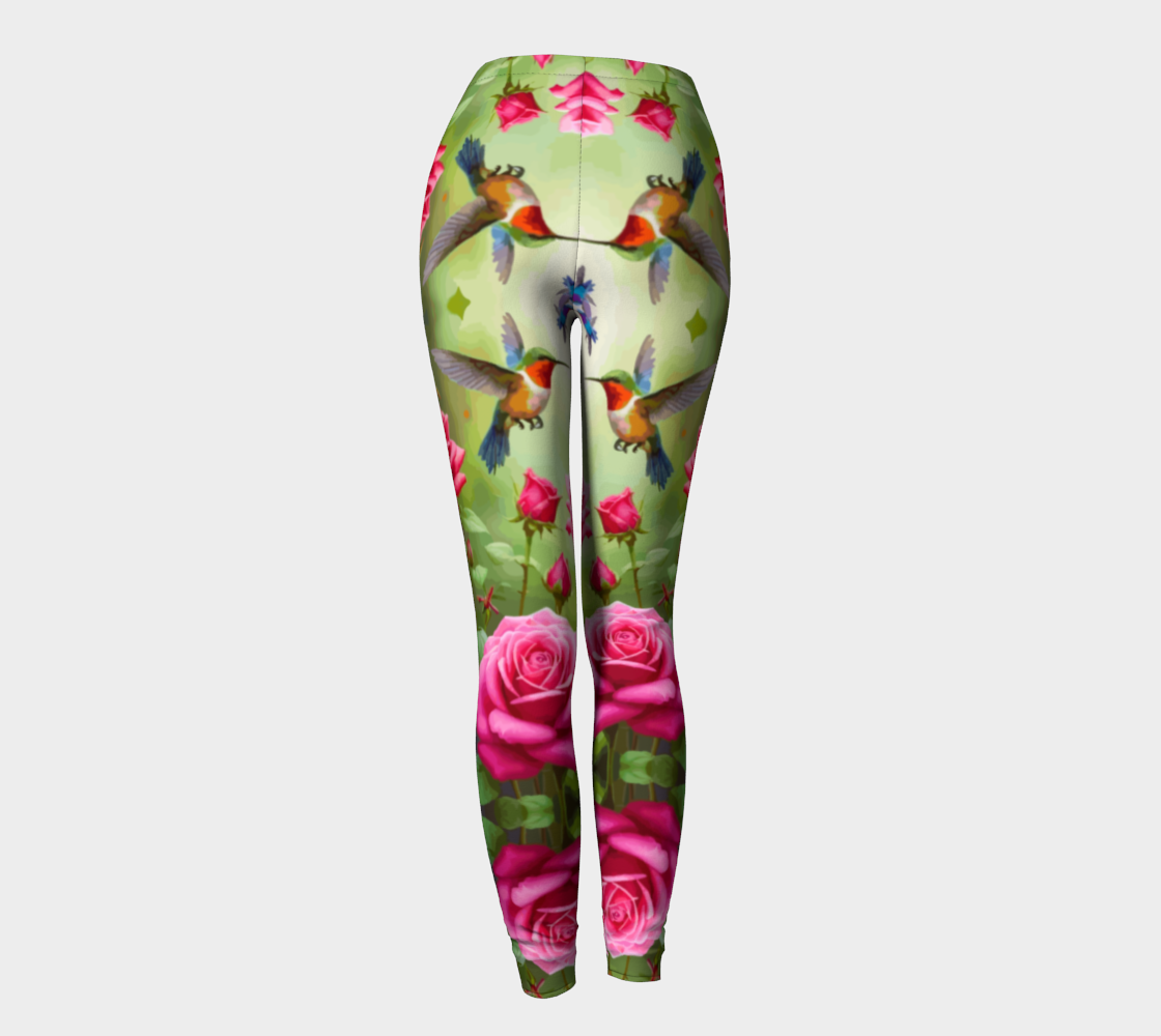Hummingbirds and Pink Roses Printed Leggings