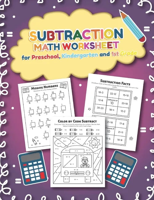 Subtration Math Worksheet for Preschool, Kindergarten and 1st grade: 25 Fun Designs For Boys And Girls - Educational Worksheets - Paperback