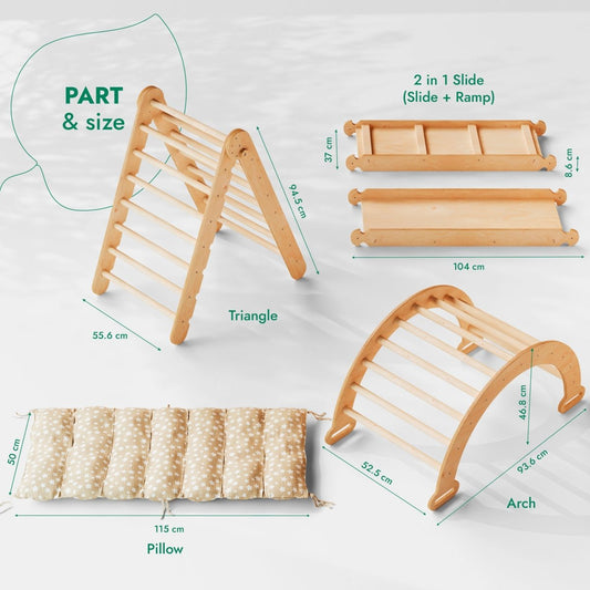 4in1 Montessori Climbing Set: Triangle Ladder + Climbing Arch + Slide Board & Cushion – Beige