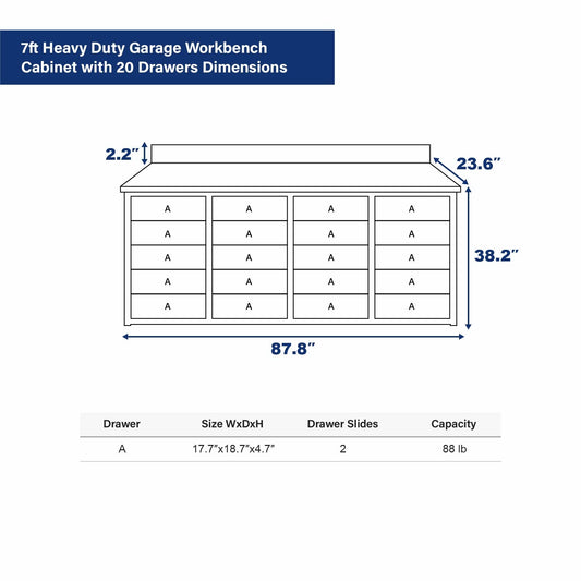 7ft Heavy Duty Garage Workbench Cabinet with 20 Drawers