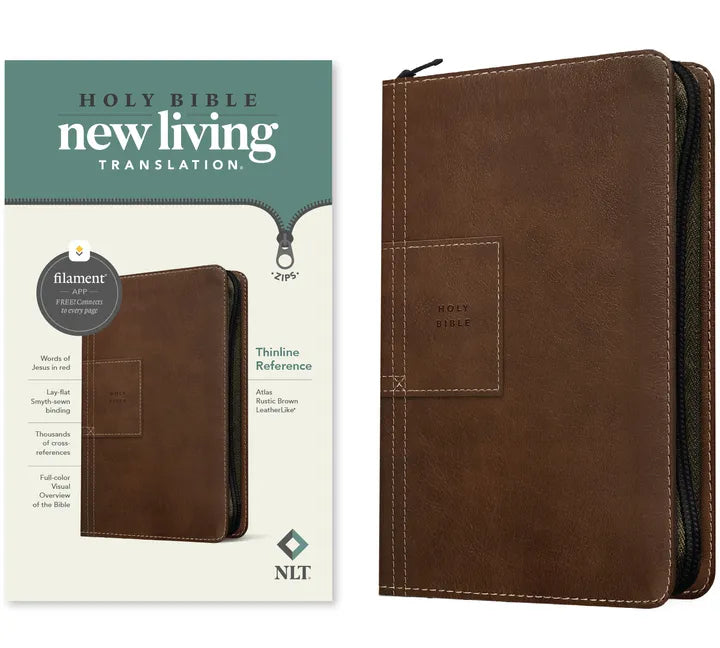 NLT Thinline Reference Zipper Bible, Filament Enabled (Leatherlike, Atlas Rustic Brown, Red Letter) - Imitation Leather