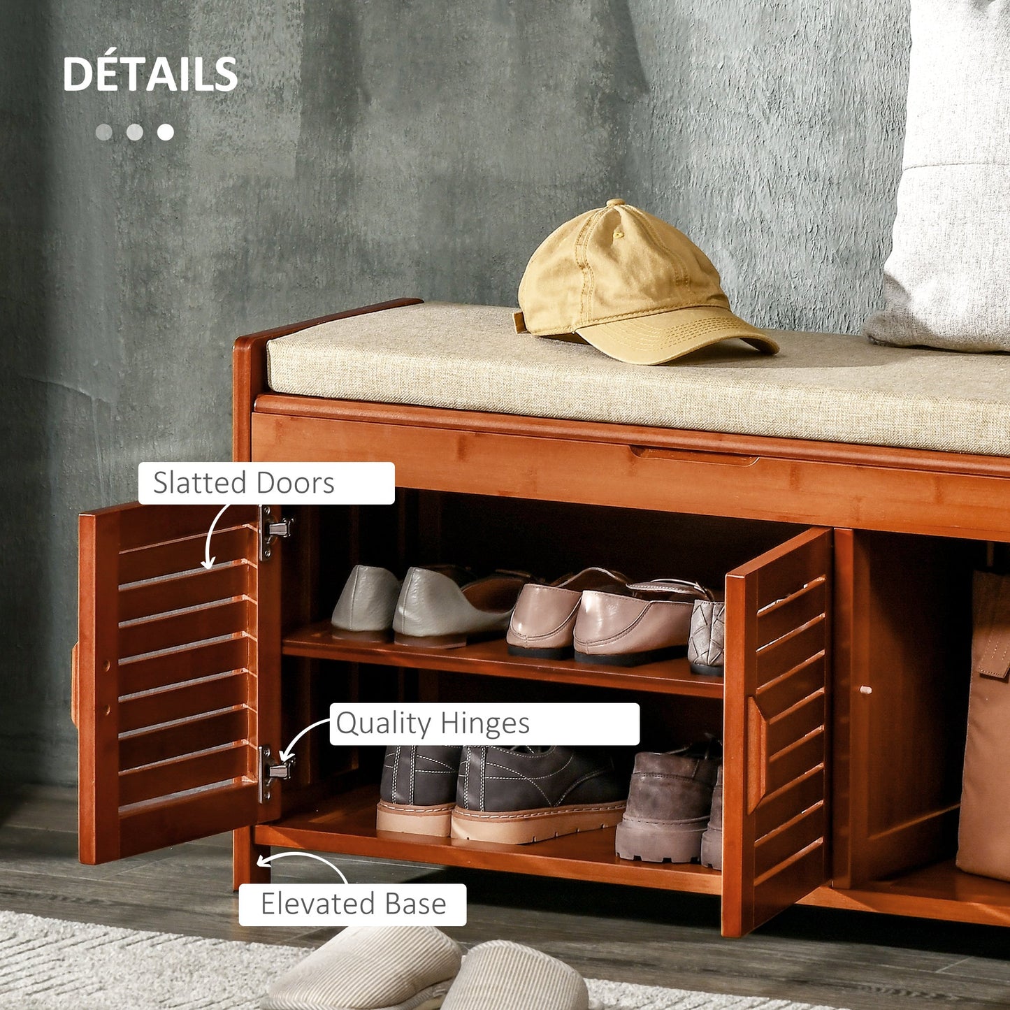 Shoe Bench with Cabinets, Bamboo Entryway Bench with Seating Cushion, 3 Doors and Hidden Compartment for Hallway, Dark Cherry