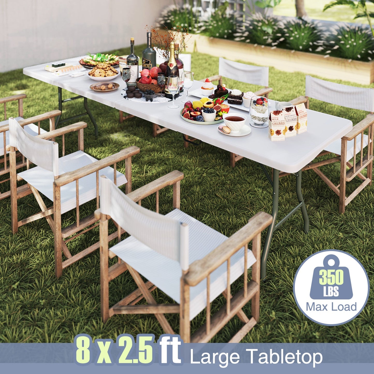 8 ft Portable Folding Table 350 LBS Fold-in-Half Table with HDPE Tabletop