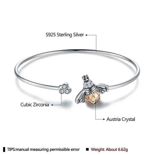 925 Sterling Silver Bee Shape Cubic Zirconia and Austria Crystal Cuff Bracelet