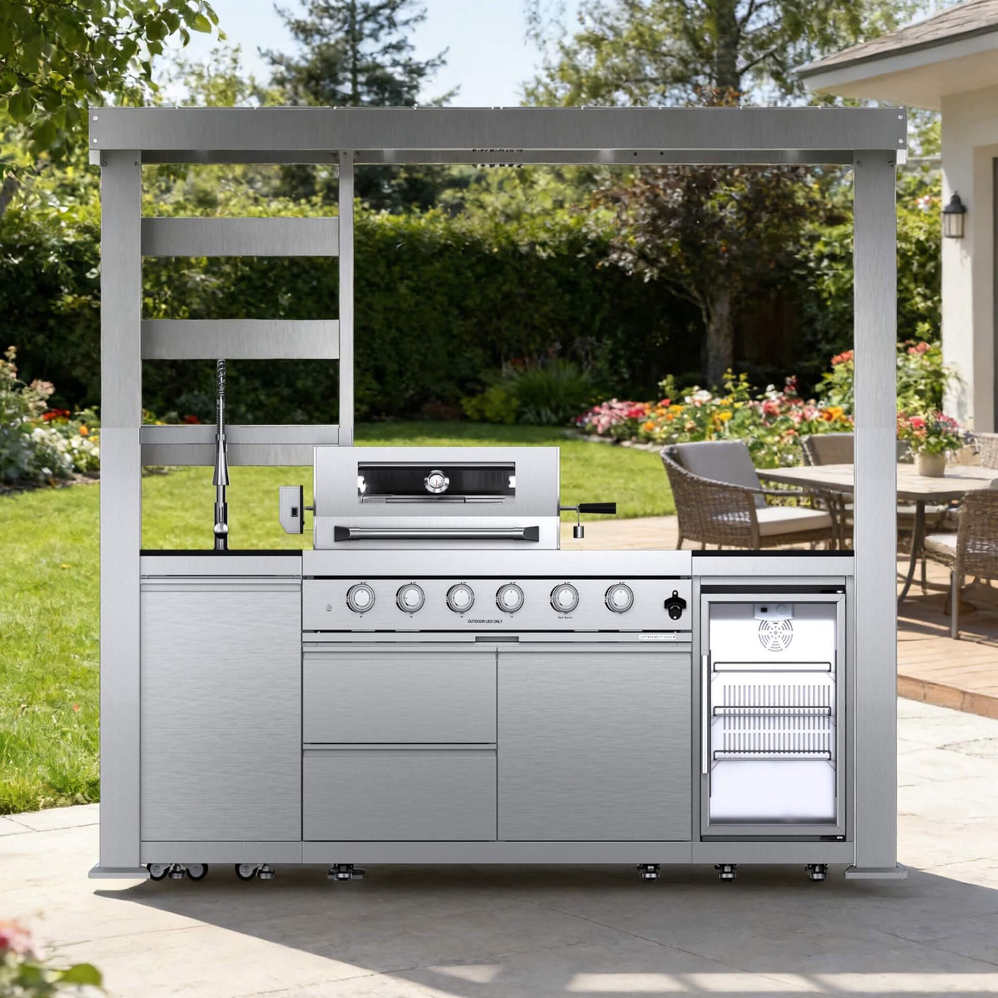 Castelle Flame Amalfi 97-Inch 4-Burner 72K BTU LP Outdoor Kitchen Grill Island With Wine Cooler, Rotisserie, Cabinets, And Granite Countertops (SAK70319)