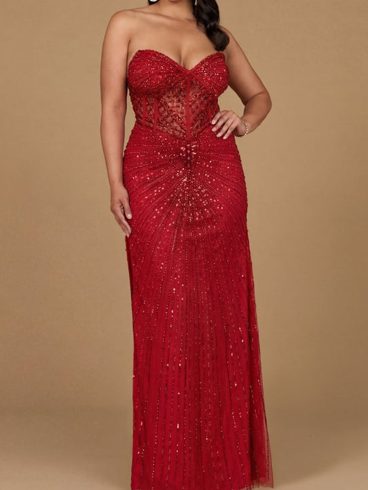 Embellished Strapless Gown with Slit | 9953