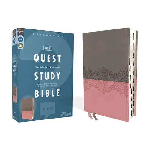 Niv, Quest Study Bible, Leathersoft, Gray/Pink, Thumb Indexed, Comfort Print: The Only Q and A Study Bible - Imitation Leather