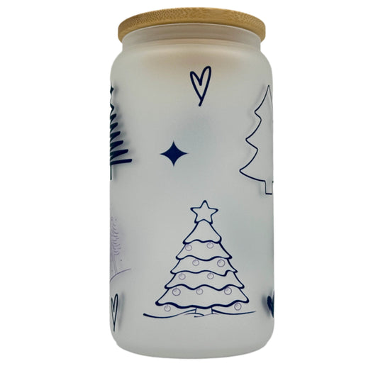 16oz Christmas Tree Xmas Glass Can Tumbler With Straw, rubber bottom & Bamboo Lid