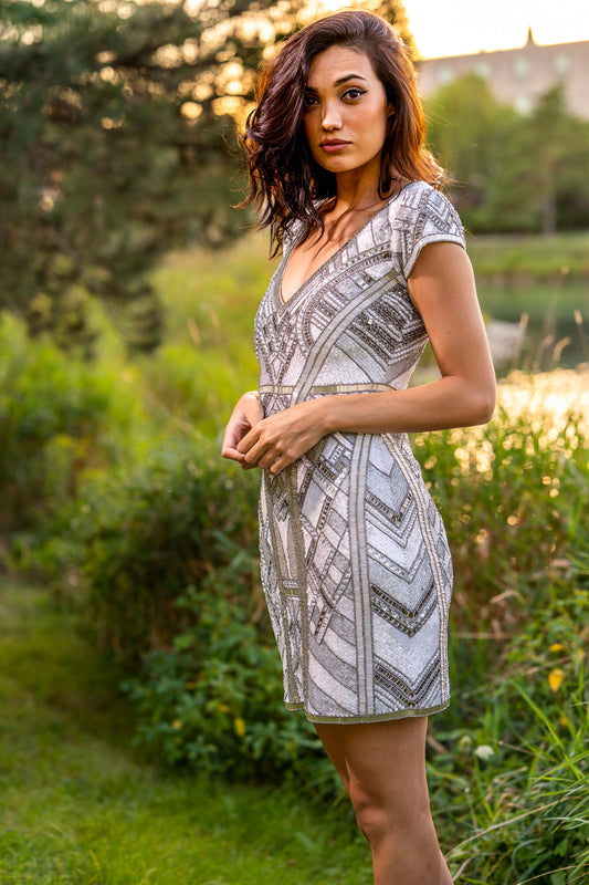 Lara 29909 - Beaded, V-neck Mini Dress