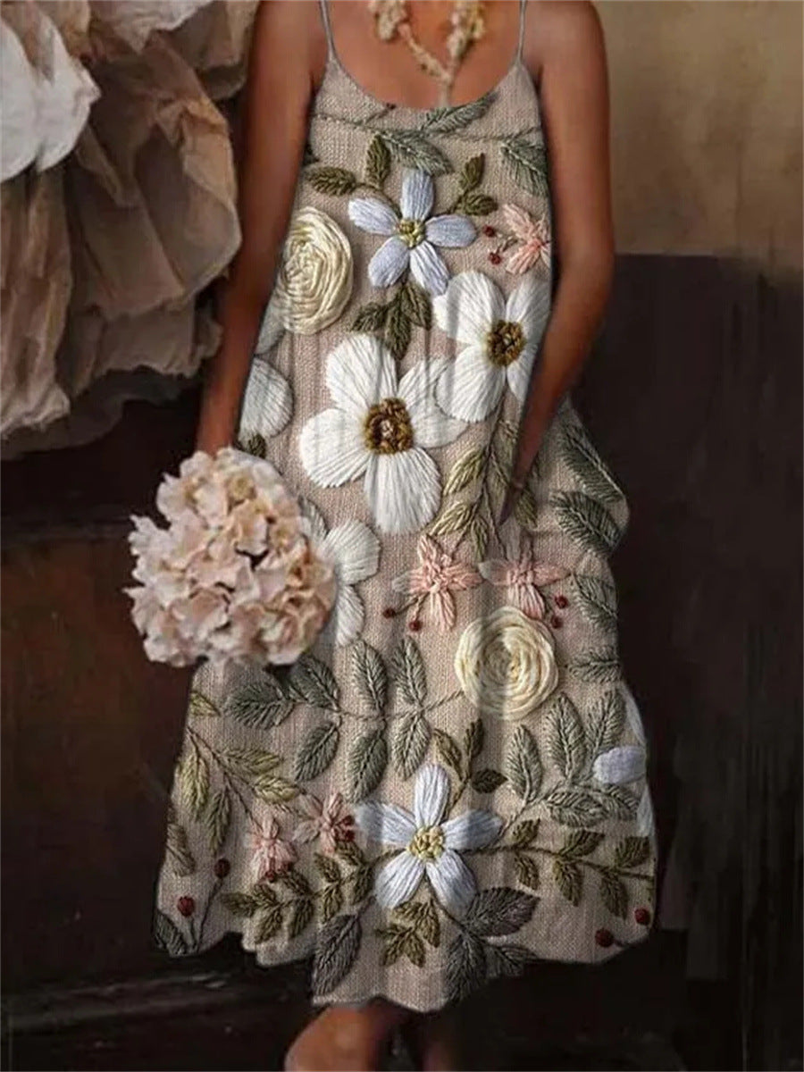 ๐บ European & American Style Floral Art Print Sling Holiday Dress