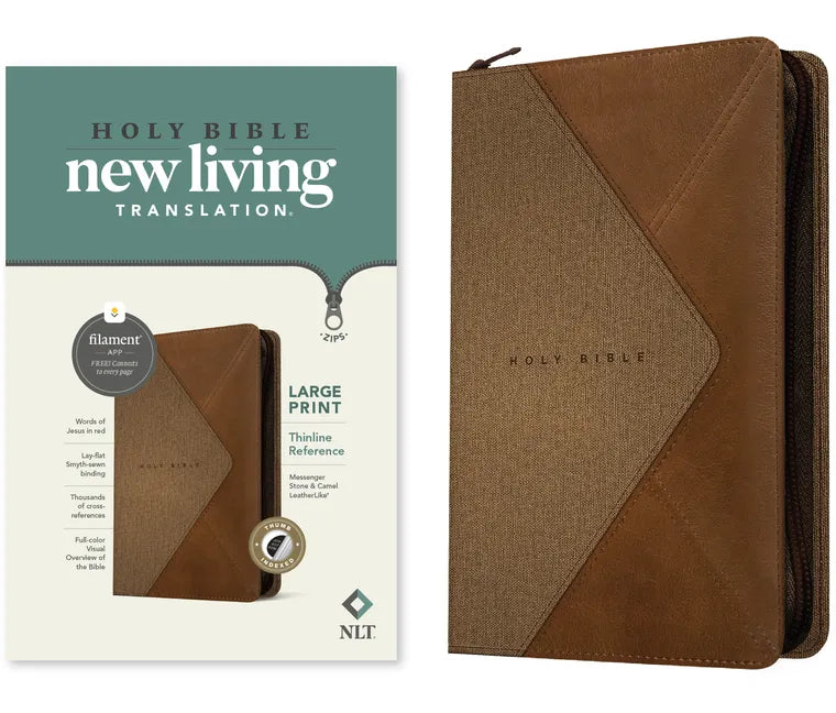NLT Large Print Thinline Reference Zipper Bible, Filament Enabled (Leatherlike, Messenger Stone & Camel, Indexed, Red Letter) - Imitation Leather