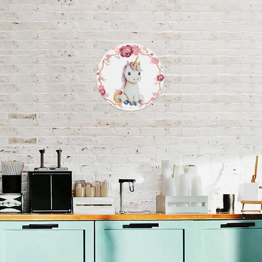 Baby Unicorn with Pink Roses Round Aluminum Plaque Painting