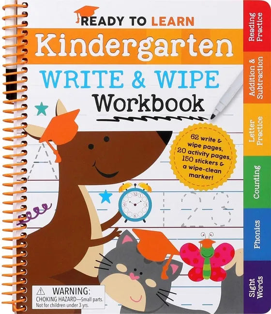 Ready to Learn: Kindergarten Write and Wipe Workbook: Addition, Subtraction, Sight Words, Letter Sounds, and Letter Tracing - Spiral
