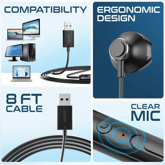 Delton 10E USB A Wired Computer Headset with Microphone 8ft Long Cord Wired