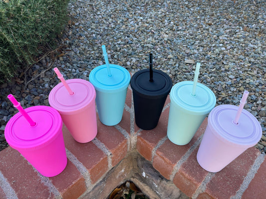 Pastel Cup Blank Cups Tumblers, 16 oz Matte Tumblers, Double Wall Acrylic Tumbler With Straw and Screw Lid BPA Free Pink, Blue, Purple, Mint