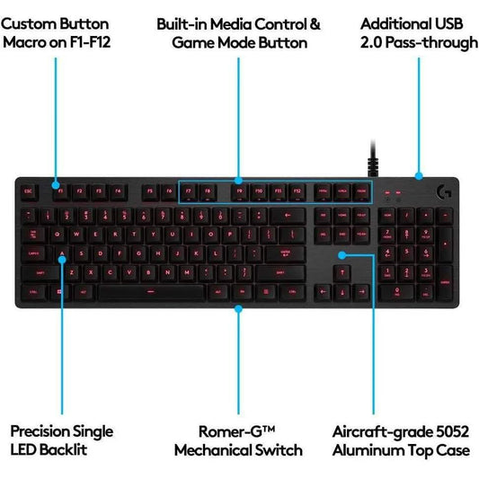Logitech G413 Backlit Mechanical Gaming Keyboard USB Passthrough Carbon (Refurbished)