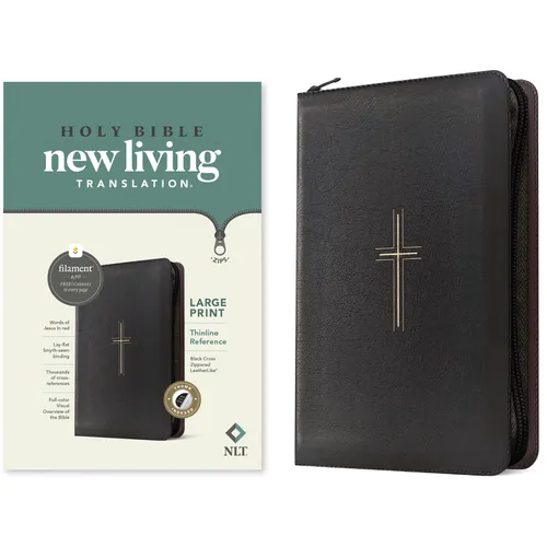 NLT Large Print Thinline Reference Zipper Bible, Filament Enabled (Leatherlike, Black Cross, Indexed, Red Letter) - Imitation Leather