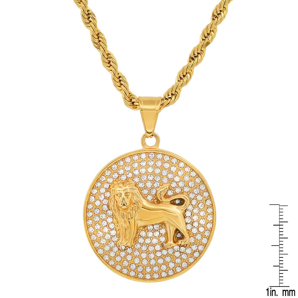 Men's 18k Gold Plated Stainless Steel And Simulated Diamonds Round Lion Pendant