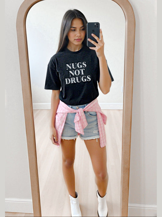 “Nugs Not Drugs” Graphic & Studded Washed Tee