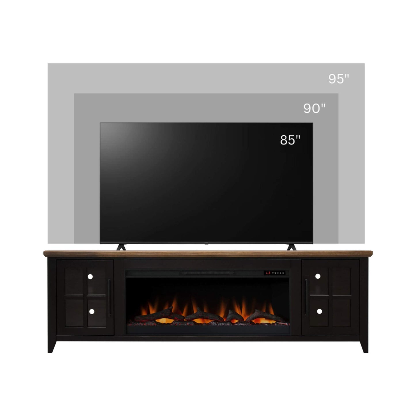 Nuvia 83-Inch Bourbon Black TV Stand With Fireplace And Glass Windowpane Doors (SAK40281)
