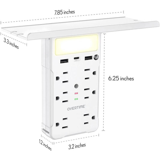 Overtime USB Outlet Shelf Night Light - Multi Plug Outlet Extender with Surge Protector