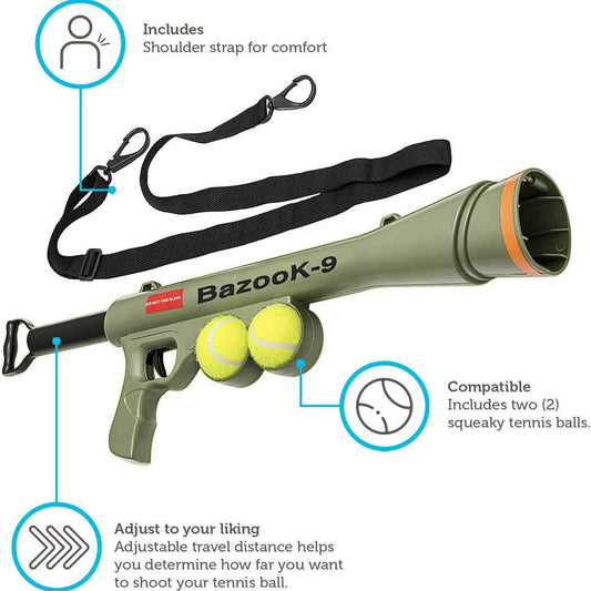 Paws & Pals Bazook - 9 Tennis Ball Launcher Gun with 2 Squeaky Balls
