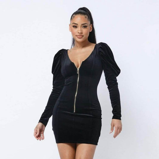 Soft Velvet Pleated Puff Sleeve Mini Dress