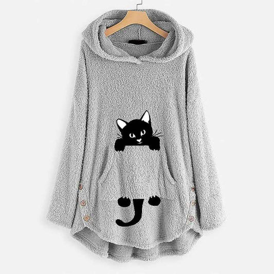Women's Teddy Coat Cat Animal Front Pocket Hoodies