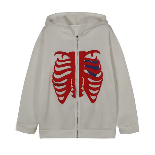 Women's Zip Up Skeleton Letter Hoodie Sweatshirt