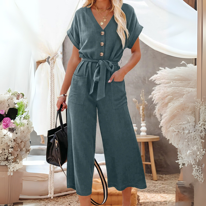 Maggie-Blue Dolman Button Belted V Neck Wide Leg Pocketed Jumpsuit