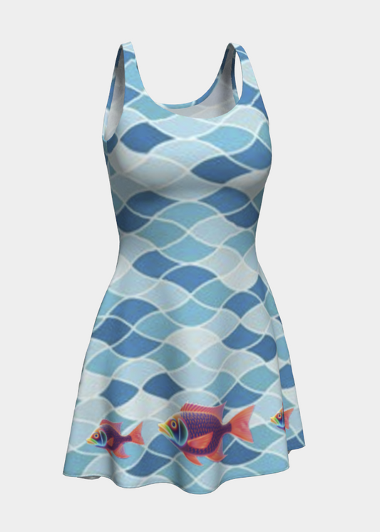 Neon Fish Swimming on Blue Designs Short Flared Dress