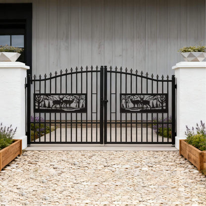 [07X20FT] Heavy-Duty Deer Motif Style Bi-Parting Galvanized Steel Driveway Entrance Gate (SAK68731)