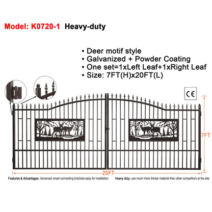 [07X20FT] Heavy-Duty Deer Motif Style Bi-Parting Galvanized Steel Driveway Entrance Gate (SAK68731)