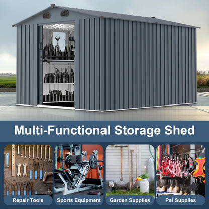 [08X10FT] Alora Large Outdoor Metal Backyard Garden Storage Tool Shed With Window And Lockable Doors (SAK68140)