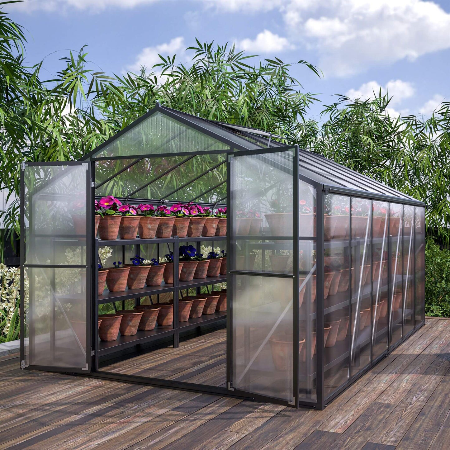 [08X12FT] Large Outdoor Heavy-Duty Polycarbonate Walk-In Greenhouse With Double Swing Doors And Two Ventilation Windows (SAK73651)