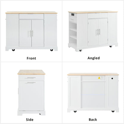 K&K Fluted Kitchen Island with Trash Can Storage Cabinet, Power Outlet, Internal Storage Rack, Rolling Kitchen Islands on 5 Wheels with 3 Drawer, 3 Open Side Racks for 10 Gallon Garbage Bin, White