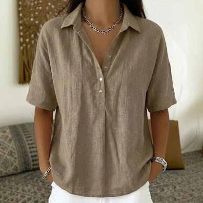 Short Sleeve Button Pullover Shirt – Solid Color Women’s Top