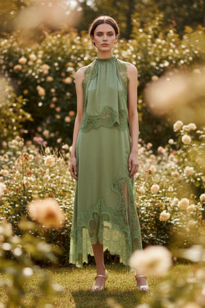 V-Neck Ruffle Waist Tank Top & Skirt Set – Elegant Hollow-Out Two-Piece